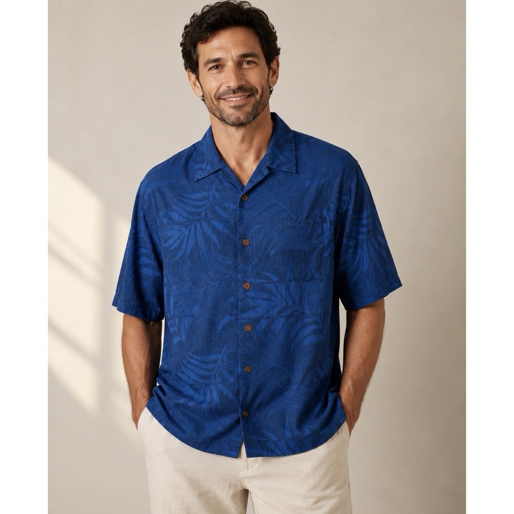 NEW! Jamaica Jaxx Tropical 100% Silk Button Front Shirt Blue SZ X L